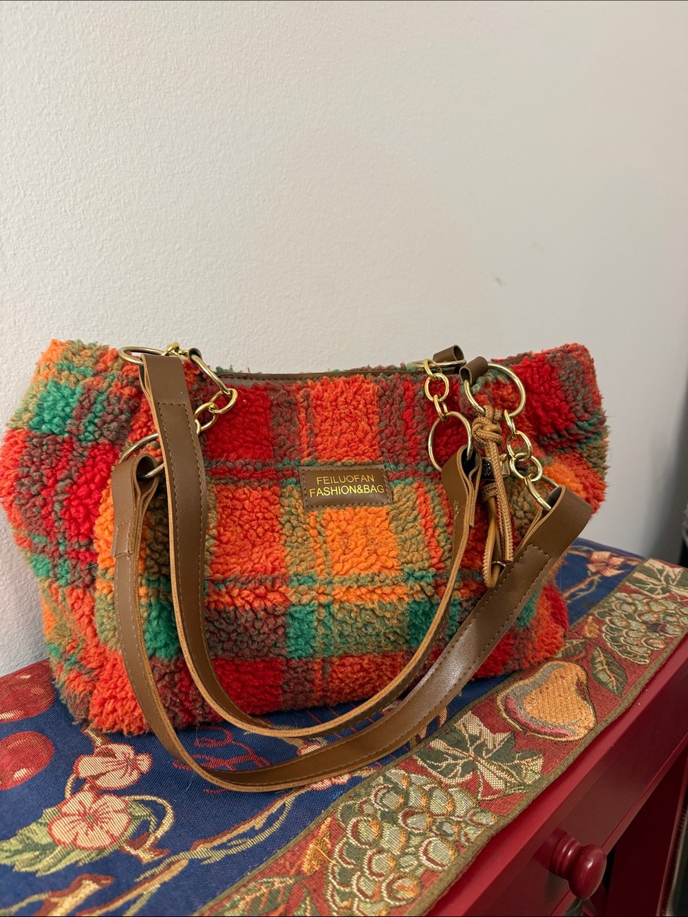 Felluojean Fashionobag Orange Plaid Sherpa Shoulder Bag
